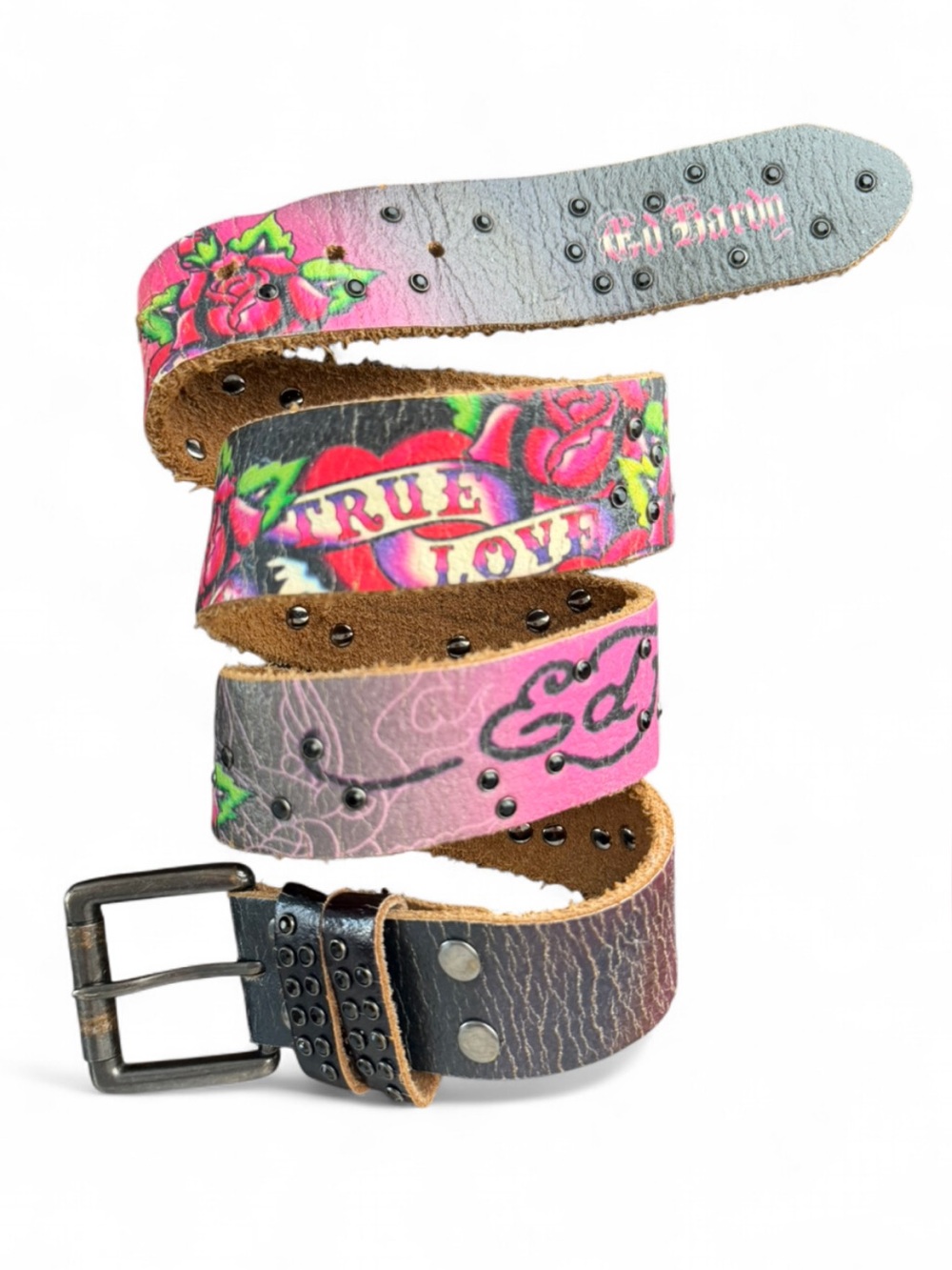 Ed Hardy Distressed Leather Belt Studded Gems Artwork